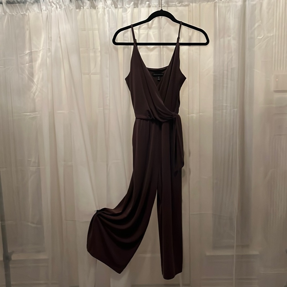 Brown jumpsuit.  Spaghetti straps and wide legs.
